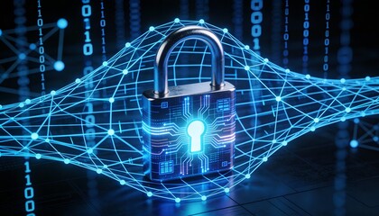 Futuristic cybersecurity protection shield with glowing check mark, digital data network security concept, privacy defense, antivirus encryption, and online safety technology background illustration