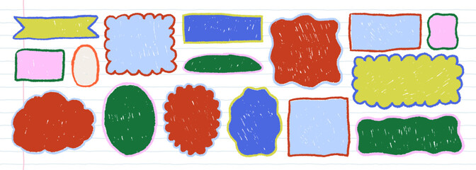 Crayon drawn text box frame set. Groovy scallop bubble shapes. Colorful funky wavy edges. Vector school rectangles, clouds, ovals for notes. Irregular empty elements with pencil texture.
