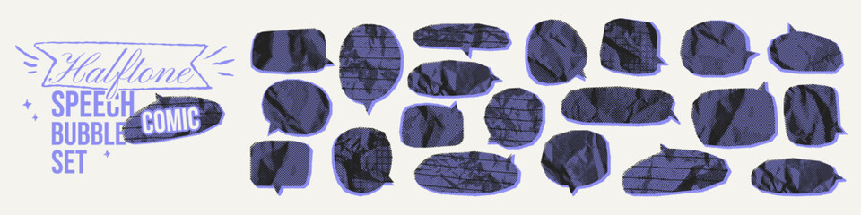 Halftone comic speech bubbles with crumpled paper texture. Bold retro irregular stickers with chalk dotted. Collage scrapbook oval, circular forms. Cutout funky empty speech shapes for emphasis text.