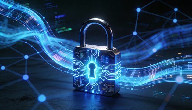 Futuristic cybersecurity protection shield with glowing check mark, digital data network security concept, privacy defense, antivirus encryption, and online safety technology background illustration - Powered by Adobe