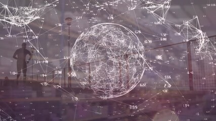 Animation of globe with network of connections over warehouse - Powered by Adobe