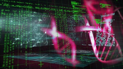 Animation of dna structures spinning over screens with data processing against black background - Powered by Adobe