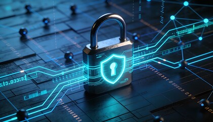 Futuristic cybersecurity protection shield with glowing check mark, digital data network security concept, privacy defense, antivirus encryption, and online safety technology background illustration