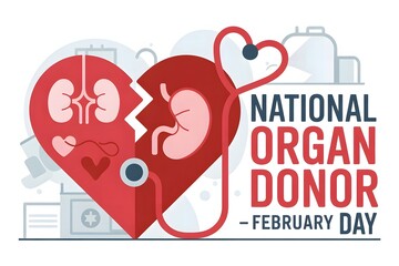 Organ Donor Day healthcare illustration showing heart shaped organs and stethoscope, inspiring organ donation awareness, transplant support and life saving medical campaign