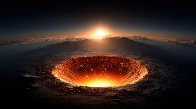 Fiery volcanic caldera rim illuminated by a dramatic sunset over mountainous terrain.