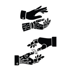 PrintBlack solid vector icon of human hand intersecting with robotic circuit hand, supervised AI workflow concept, flat solid minimal design