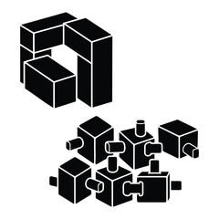 Modular Building Blocks Snapping Together Vector Icon, Black Solid Geometry Representing No-Code Development, System Integration, and Scalable Software Architecture