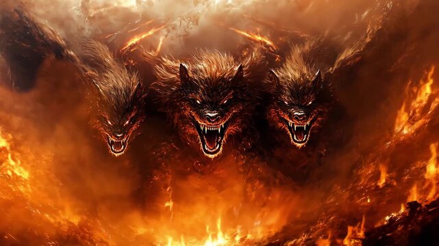 Mythical Cerberus creature with three heads emerges from flames in a setting filled with fire and smoke, guarding the entrance to hell
