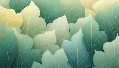 Pastel leaves backdrop design. Lush leaves blend from green to yellow. Botanical motif evokes nature and eco themes. Backdrop perfect for spring designs, modern art projects or organic product ads.