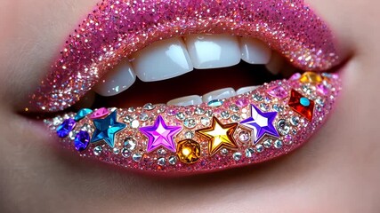 Female lips decorated with colorful glitter and gems in a beauty makeup creation, closeup
