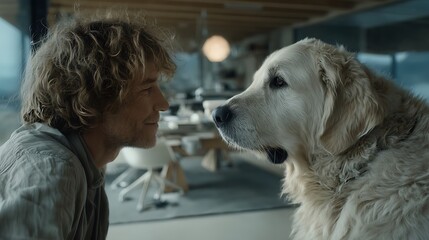 Anthropomorphic Dog Interacting with Transparent Digital Interface in Modern Office, Trust and Innovation Concept with Cinematic Lighting and Copy Space