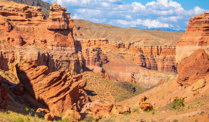 Charyn Canyon, Valley of Castles. The excellence of Kazakhstan. Panorama of natural unusual landscape. The red canyon of extraordinary beauty looks like a Martian landscape.
