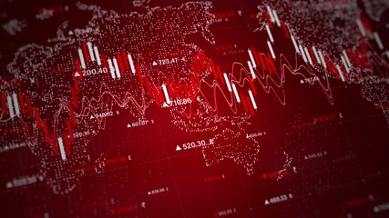 Falling stock graph on a red world map background representing a global financial crash. Ideal for crisis, economics, and trading visuals. finance investment background concept - Powered by Adobe