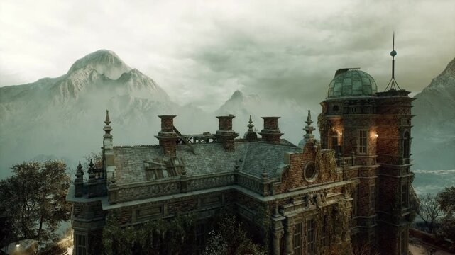 Rooftop crest showing carved details, ornate stonework and relief patterns, weathered textures highlighted against misty mountain backdrop, intimate
