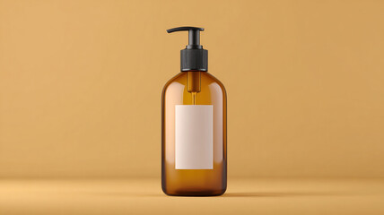 Amber bottle with pump mockup, spa aesthetic, blank label