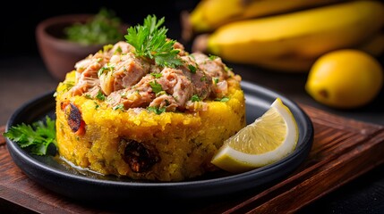 A delectable dish features mashed plantains crowned with seasoned meat, garnished with fresh parsley. Served with a lemon wedge, this culinary creation is a feast for the senses.