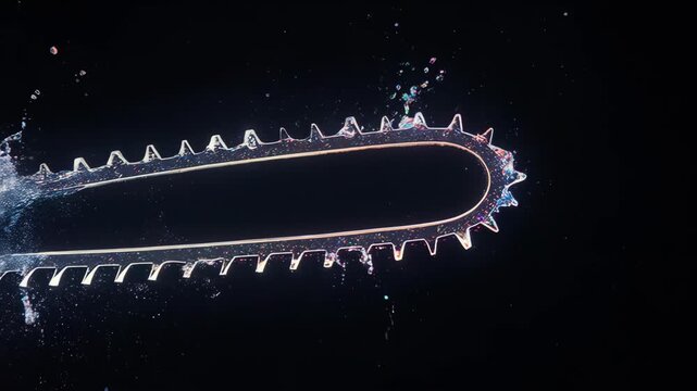 Abstract chain saw blade form with light and water drops against black background