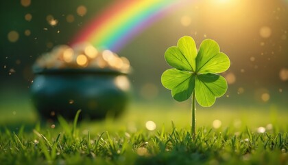 Four leaf clover stands on green grass. A rainbow arches across the sky above a pot of gold coins. Sunny St Patricks Day concept with lucky symbol.