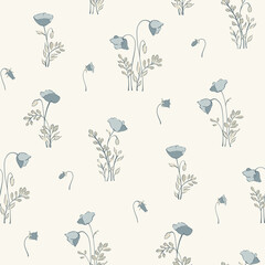 seamless floral pattern, textile pattern, fabric print in classic liberty style on light background, blue flower. surface design for home textile, wallpaper pattern, baby wear fabric, print ready