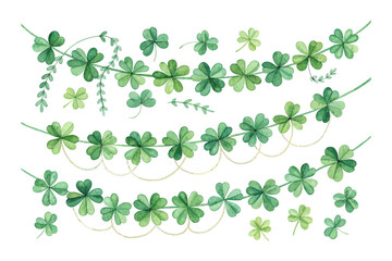 Fototapeta premium Clover Garland Watercolor, St. Patrick’s Day Decoration Illustration Isolated on White