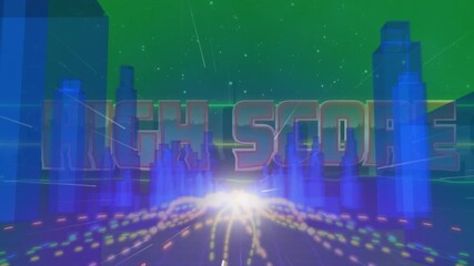 Animated high score text with a futuristic city backdrop on a moving purple grid. - Powered by Adobe