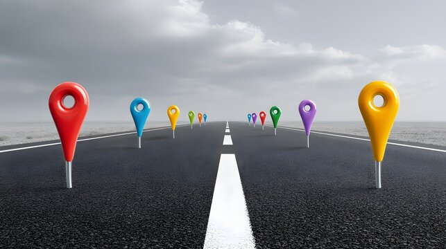 Colorful map pointers mark various destinations on a long road under a cloudy sky, symbolizing travel, navigation, and diverse locations along a journey. Location pin