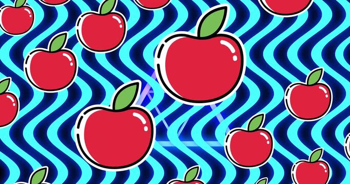 Animation of apples floating over wavy blue background