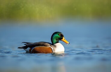 Male northern shoveler duck swims in lake water. Colorful bird with green head and orange beak floats on blue water. Wildlife in natural environment. Spring nature scene.