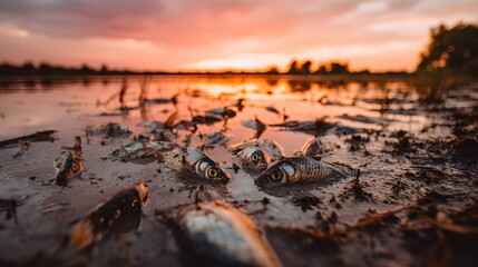 Dead fish litter a shoreline under a vibrant sunset, a somber scene of ecological distress. Environmental issues are reflected on the horizon.