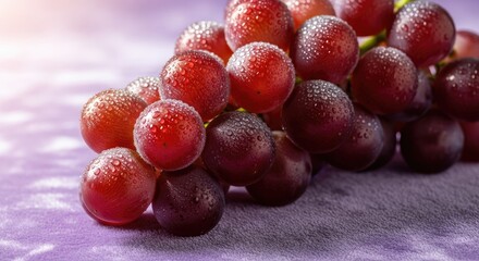 Red grapes with fresh water droplets glistening on their skin, resting on a soft purple background, highlighting healthy eating and natural freshness