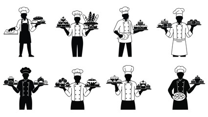 A collection of chefs presenting cakes on trays a black and white illustration