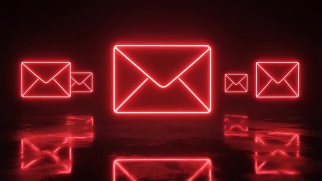 Glowing red envelope icons moving in dark digital space, symbolizing email notifications, messages, alerts, and online communication.