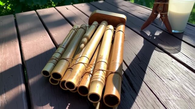 Close-up view of handmade bamboo pan flute instrument set on wooden table outdoors