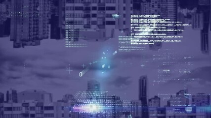 Animation of data processing and light spots against aerial view of cityscape with shadow effect - Powered by Adobe