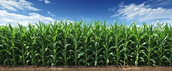 The cornfield stretching in neat green rows under a vivid blue summer sky