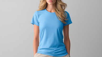 blue t-shirt mockup on model, neutral background