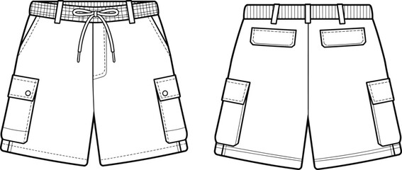 Cargo shorts technical sketch, front and back view, drawstring waistband, flap pockets, button closure, fashion flat drawing, apparel CADCargo shorts technical sketch,