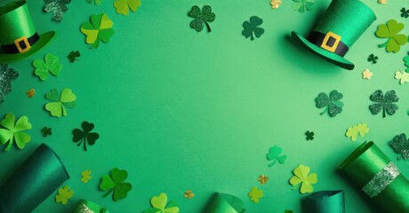 Green background, hats, clovers. Festive St Patricks Day composition. Bright colors, celebratory design, simple layout.