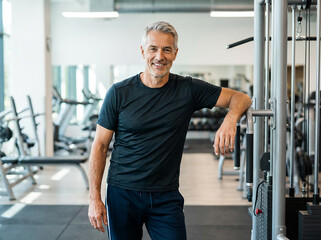 Attractive mature man posing at a gym looking at the camera