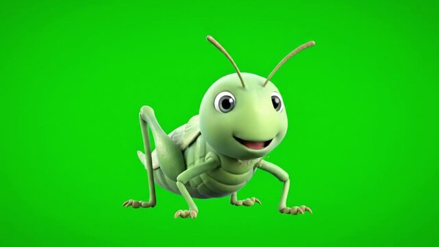 Cartoon grasshopper with a cheerful expression on a vibrant green background.