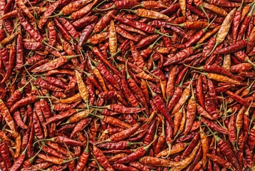 A vibrant, textured background of dried red chili peppers, showcasing their natural beauty and heat