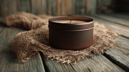 Candle tin mockup on wooden table