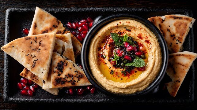 A flavorful hummus bowl with warm pita bread, garnished with pomegranate seeds and mint leaves, perfect for a shared appetizer or a light, tasty meal. #hummus #pita