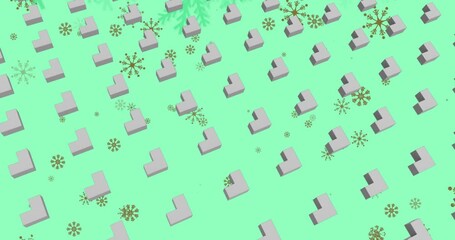 Animation of 3d shapes in seamless pattern over snowflakes falling against green background - Powered by Adobe