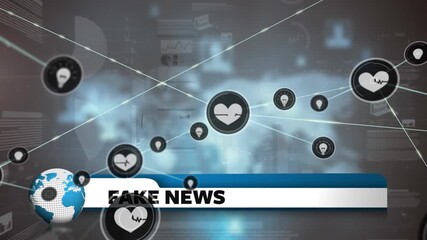 Animation of network of connections with icons over data processing and fake news text - Powered by Adobe