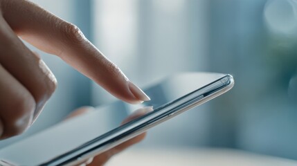 The smartphone being tapped by a finger on a glossy touchscreen in closeup