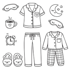 Vector illustration depicting cozy sleepwear, slippers, sleep masks, a steaming coffee cup, and an alarm clock. Perfect for themes related to relaxation, comfort, and nighttime routines.