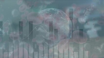 Animation of financial data processing with globe over virus and blood cells - Powered by Adobe