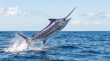 Fototapeta premium Majestic marlin leaps from the ocean waves, showcasing its power and beauty