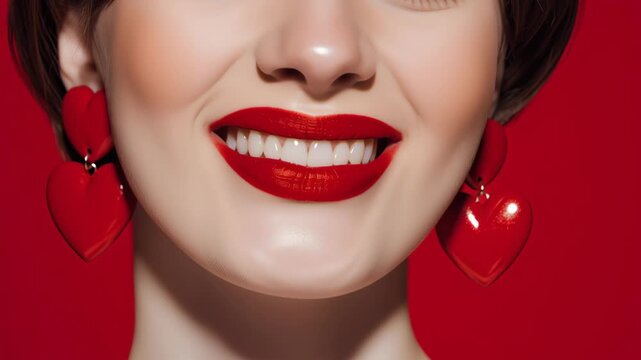 Close up beauty portrait with red lips and heart shaped earrings on a red background, creating a bold romantic Valentine fashion mood